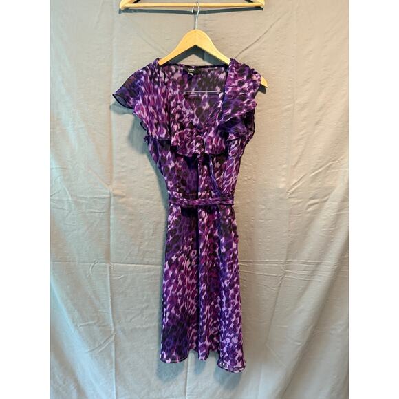 MSK Dresses & Skirts - MSK Petite Dress Womens 10P Purple Black Animal Print Ruffle V-Neck Belted Knee
